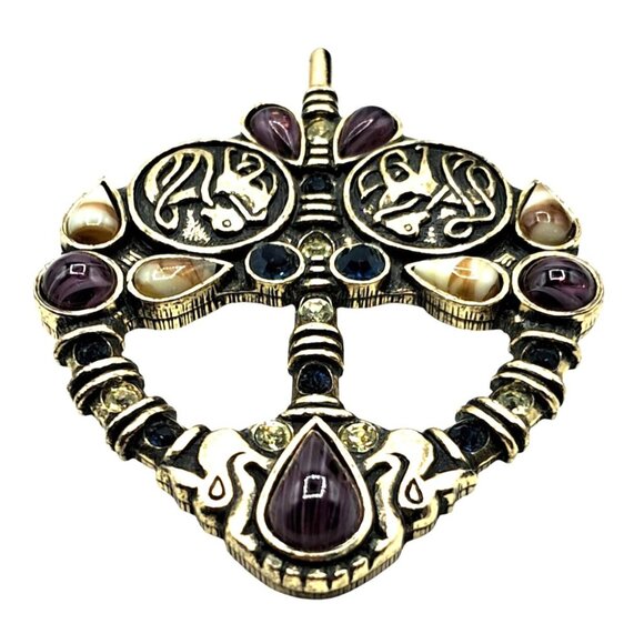 Vintage Sol Dor Brooch Celtic Irish Rhinestone Art Glass Pin Signed Costume Jewe - Picture 1 of 8